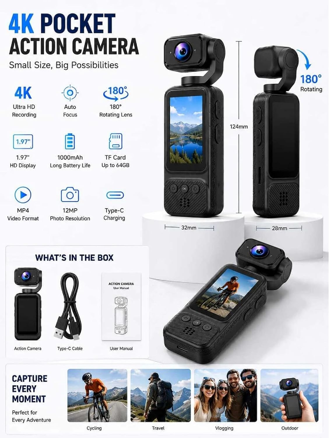 4K Ultra HD Pocket Vlogging Camera with 180° Rotating Lens & 1.97 IPS Display